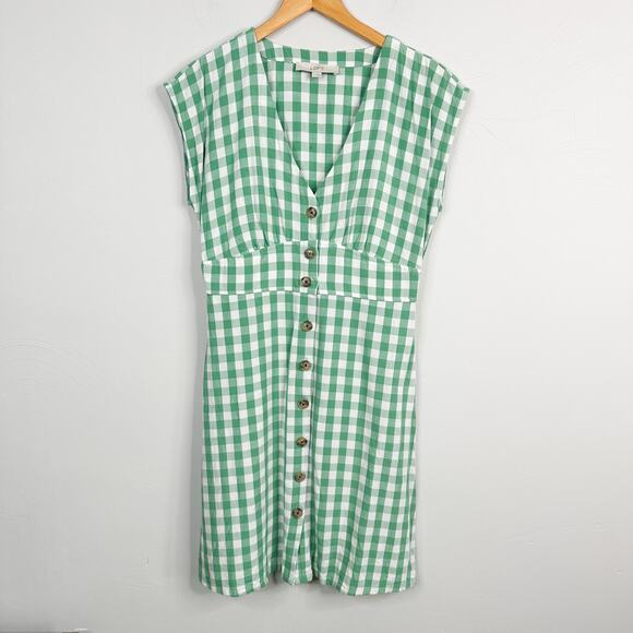 Loft Green & White Gingham Checkered A-Line Button Front Dress - Picture 3 of 10